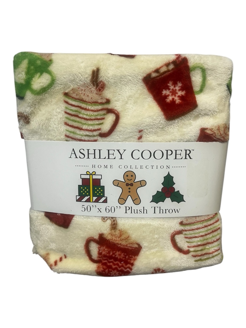 Ashley Cooper Cream Holiday Mug Plush Throw with Red & Green Accents